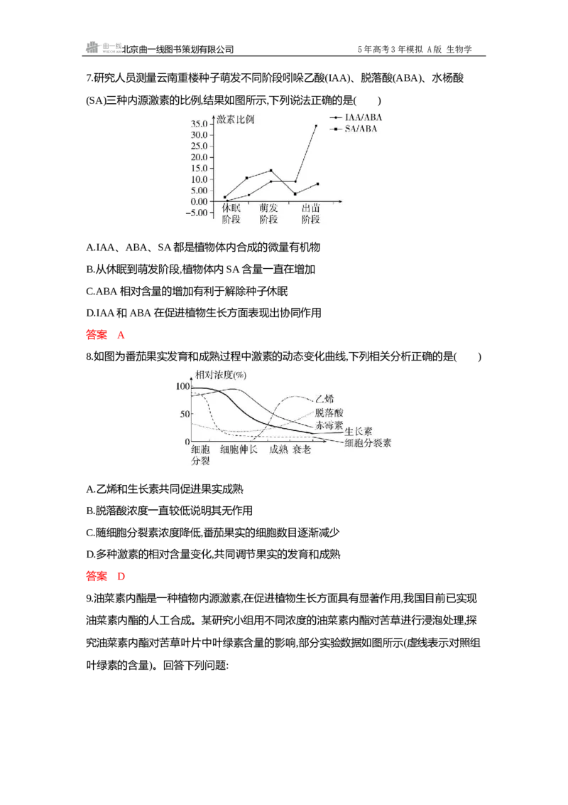 《1_过关检测练Word-第14章植物生命活动的调节_2026版教学资源包_202653高考总复习A版_浙江版_2026版.浙江版.选考总复习.生物.5·3A版_第3部分稳态与调节_第14章植物生命活动的调节_6_专题检测》第3页预览