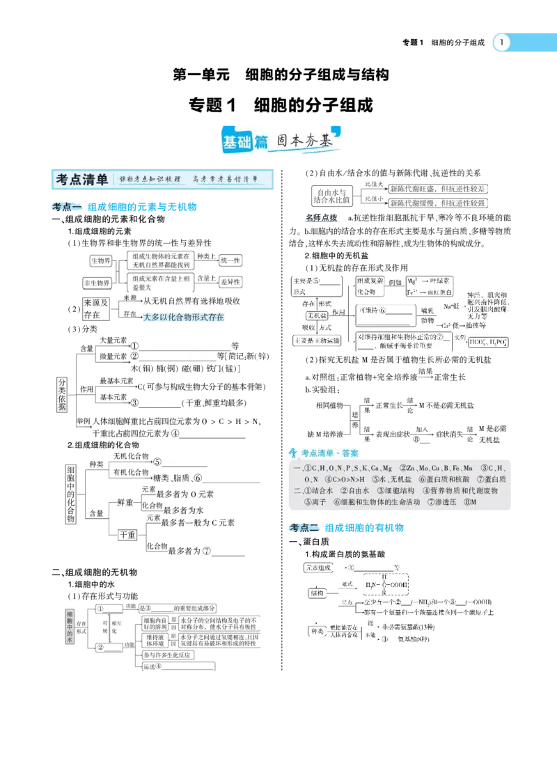 《1_22版专题１　细胞的分子组成(1)_2023版教学资源包_2023版新高考版选考总复习生物5·3A版_1_专题一细胞的分子组成_7_专题考点精析》第1页预览