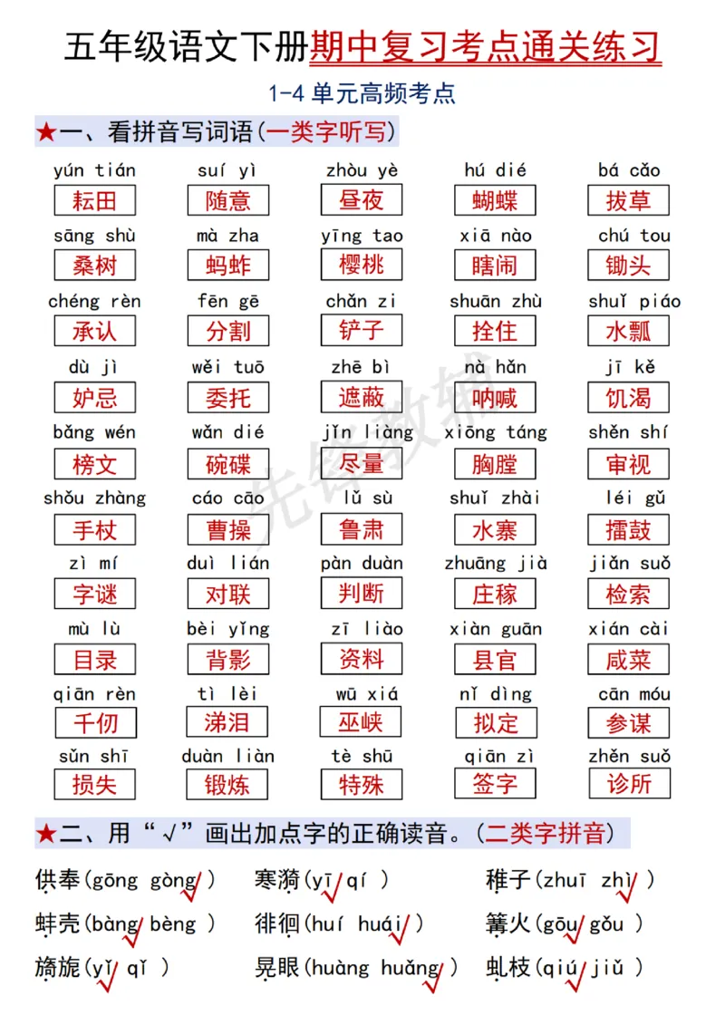 《五年级（下）语文期中复习考点通关练习_5年级下册同步教辅_5下语文_五下语文专项练习》第1页预览