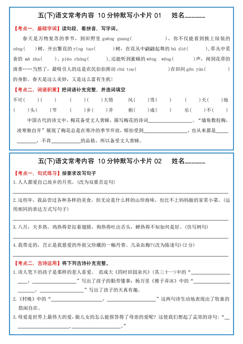 《五（下）语文10分钟默写小卡片(2)_5年级下册同步教辅_5下语文_五下语文课课练+课课贴》第1页预览