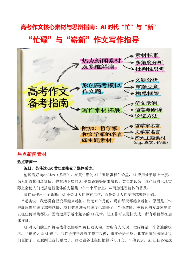 《高考作文核心素材与思辨指南：AI时代“忙”与“新”“忙碌”与“崭新”作文写作指导_专项复习_2026年-语文专项复习_162026年高考语文作文热点新闻素材速记快用》第1页预览