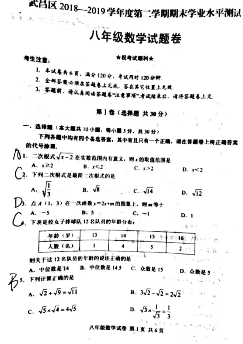 《2018-2019学年湖北省武汉市武昌区八年级下期末数学试卷（PDF版）_初高中资料库_初中资料库（转存避免链接过期失效）_初中数学》第1页预览