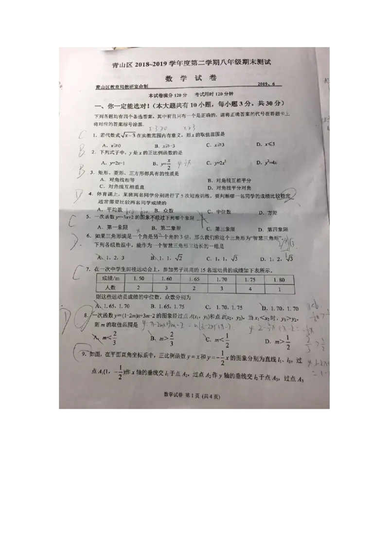 《2018-2019学年湖北省武汉市青山区八年级下期末数学试卷（图片版）_初高中资料库_初中资料库（转存避免链接过期失效）_初中数学》第1页预览