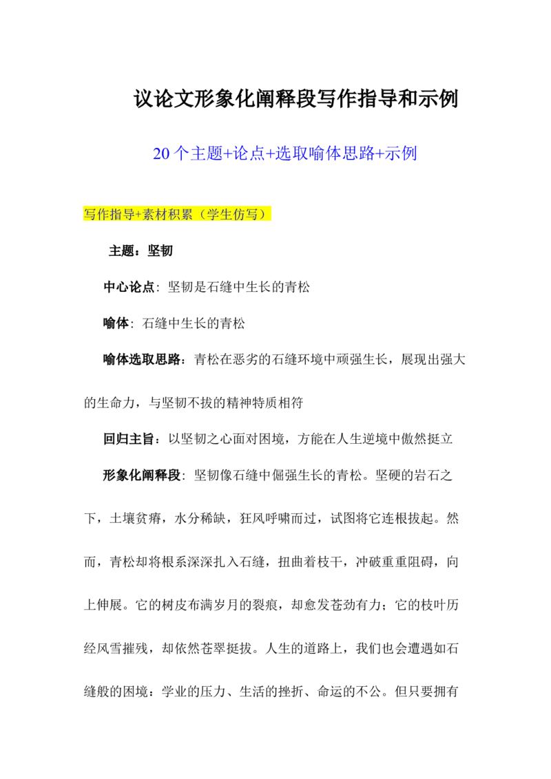 《高分主题比喻模板（议论文第二段学生写作）：20个主题+比喻公式+形象化阐释段示例，学生可仿写-（全国通用）_专项复习_2026年-语文专项复习》第1页预览