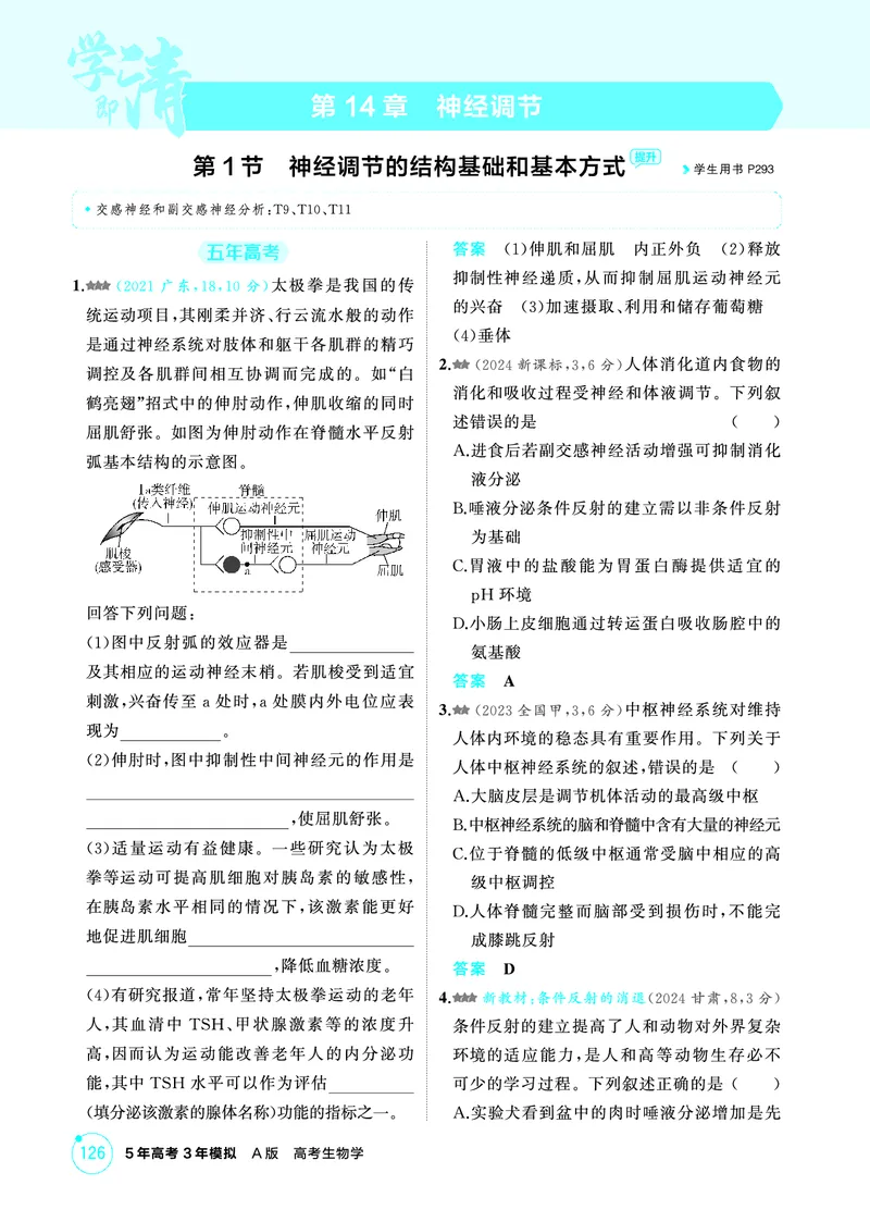 《2_精练册-第14章神经调节_2026版教学资源包_202653高考总复习A版_广东版_2026版.广东版.选考总复习.生物.5·3A版_第3部分稳态与调节_第14章神经调节_4_PDF教参电子书》第1页预览