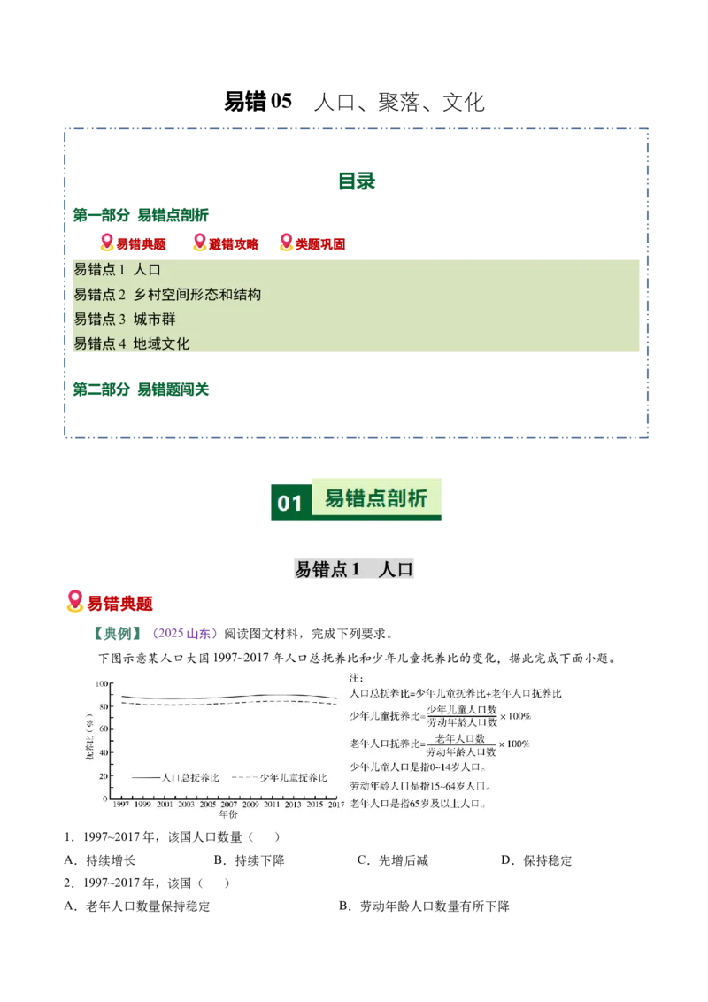 《易错06人口、聚落、文化（教师版）_地理_2026年-地理高考专项复习_2026年高考地理重难点讲义专练（新高考通用）-G102_2026版》第1页预览
