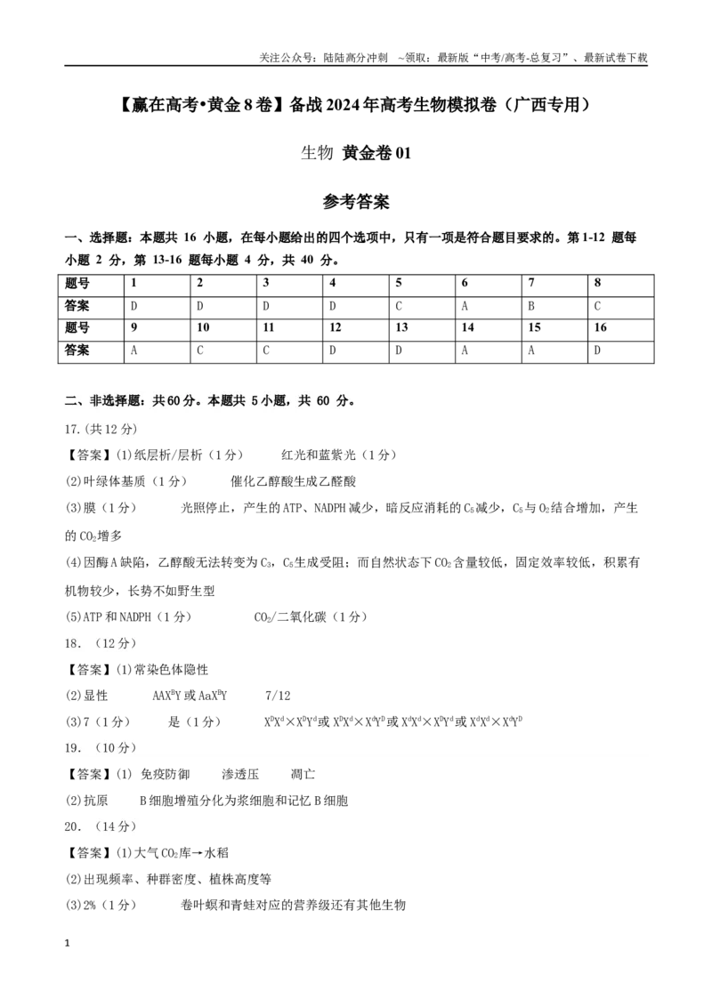 《黄金卷01（参考答案）-2024年高考生物模拟卷（广西专用）_06-生物-高考总复习_一轮复习_2024年_2024年高考生物一模拟卷（新高考七省专用）》第1页预览
