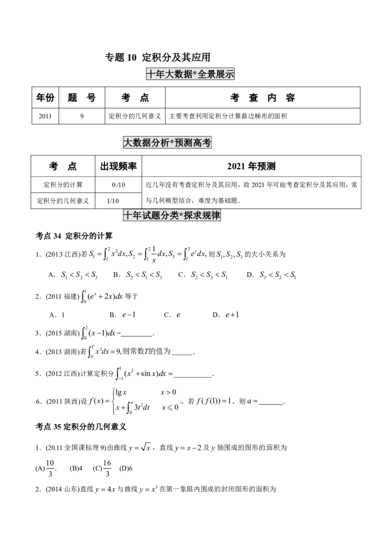 《2011-2020年高考数学真题分专题训练专题10定积分及其应用（学生版）_初高中资料库_高中资料库（转存避免链接过期失效）_高中数学》第1页预览