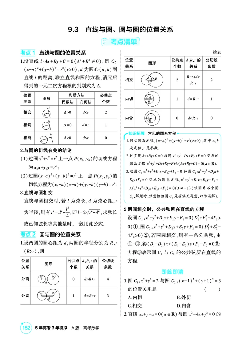 《1_9.3　直线与圆、圆与圆的位置关系_2026版教学资源包_202653高考总复习A版_北京版_2026版.北京版.高考总复习.数学.5·3A版_图书电子资源_专题九平面解析几何_93直线与圆、圆与圆的位置关系_394》第1页预览