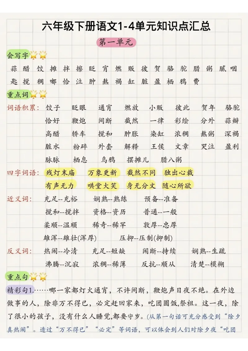 《六年级下册语文1-4单元知识点汇总_6年级下册同步教辅_6下-语文_六下语文知识点总结》第1页预览