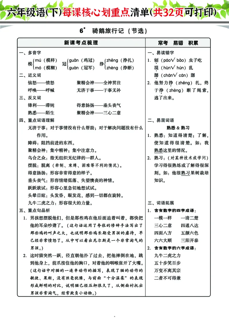 《六下每课核心划重点清单：共32页囊括所有的考点_6年级下册同步教辅_6下-语文_六下语文重点必背资料》第10页预览