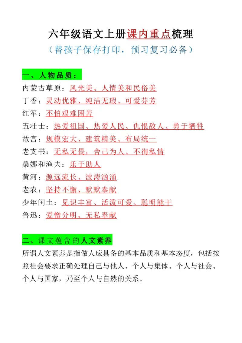 《六年级语文上册课内重点梳理_6年级上册同步教辅_6上语文_六上语文重点必背资料》第1页预览