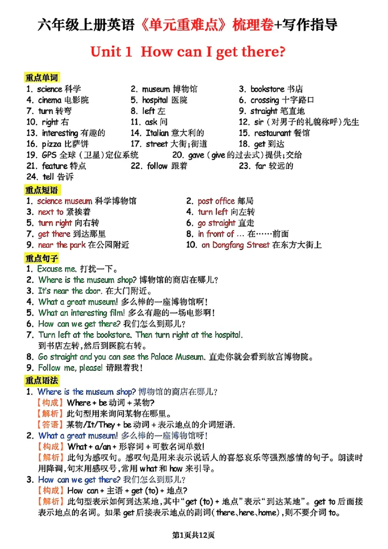 《六年级上册英语1-6单元必背重难点（暑假预习）_6年级上册同步教辅_6上暑假大礼包》第1页预览