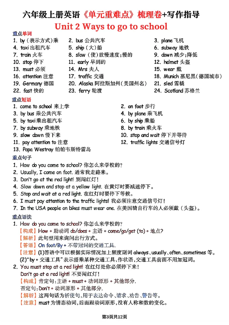 《六年级上册英语1-6单元必背重难点（暑假预习）_6年级上册同步教辅_6上暑假大礼包》第3页预览
