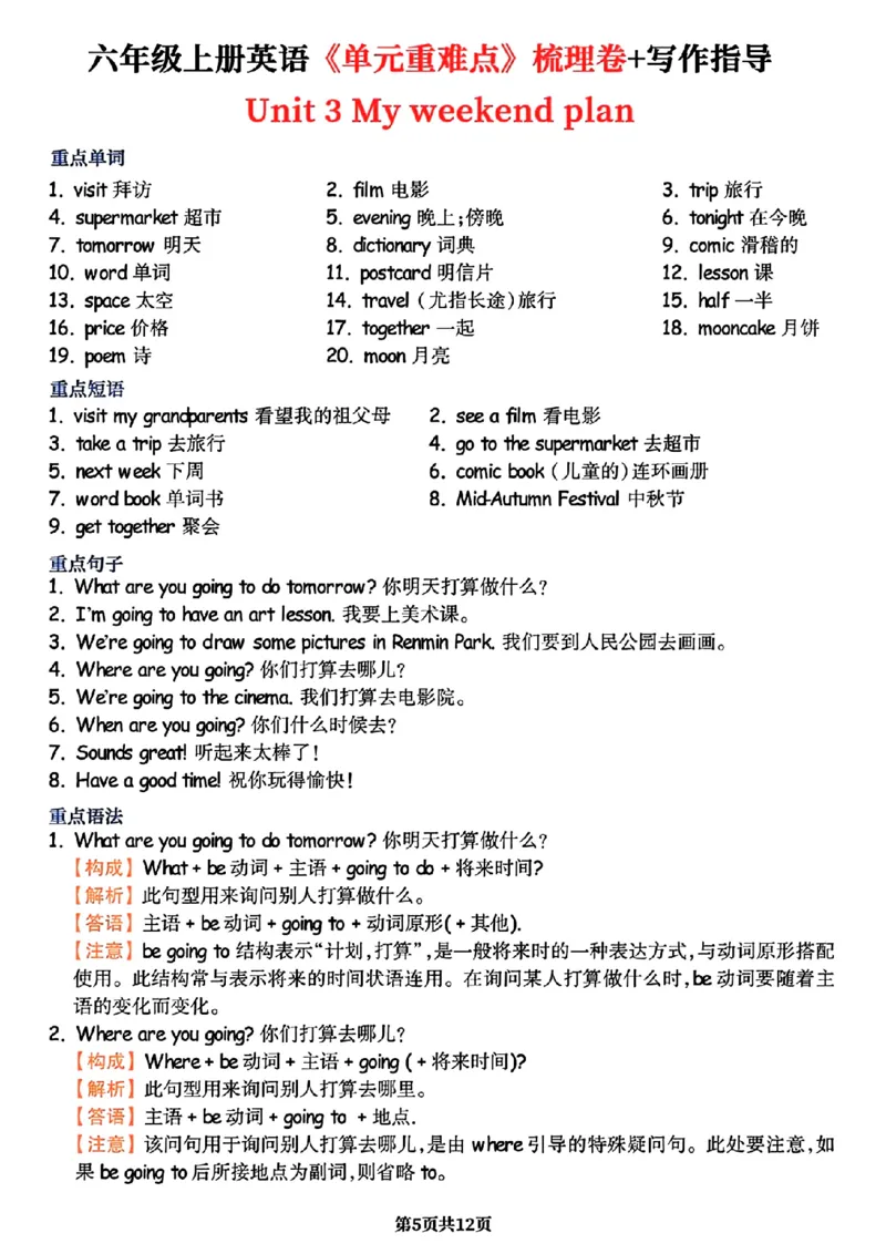 《六年级上册英语1-6单元必背重难点（暑假预习）_6年级上册同步教辅_6上暑假大礼包》第5页预览