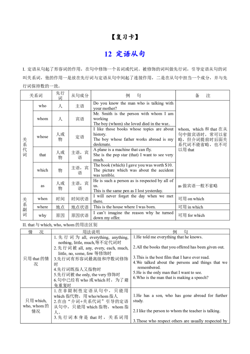 《12定语从句(复习卡)-2024年高考英语一轮复习语法能力突破必备(PPT+复习卡+精练题)(通用版)_英语(2)_一轮复习_2024年_2024高考英语一轮复习语法能力突破PPT复习卡精练题_资料》第1页预览