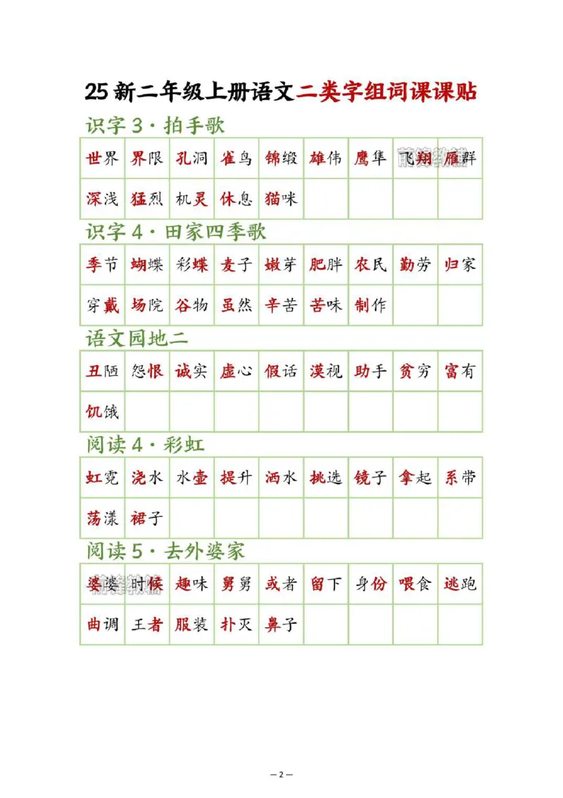 《新版•2上语文《二类字组词课课贴》_26秋小学语文《精选合集》_新版•2年级语文《精选合集》上册_新版•2上语文《生字字帖》》第2页预览