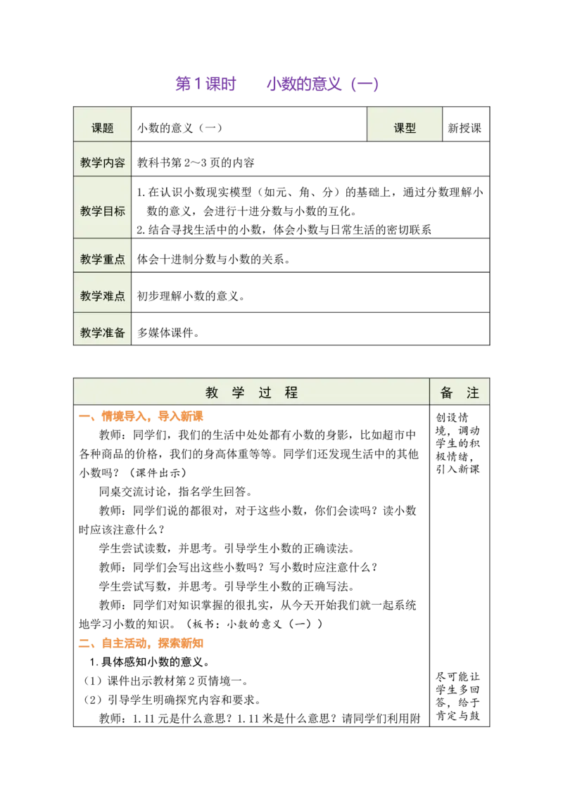 《1.小数的意义（一）_26春小学语数英道科各版本《课件+教案》_26春各版本数学《课件+教案》1-6年级下册_26春北师大版数学1-6年级下册教案课件PPT_26春绿卡学霸-4数-北师-备课教案》第1页预览