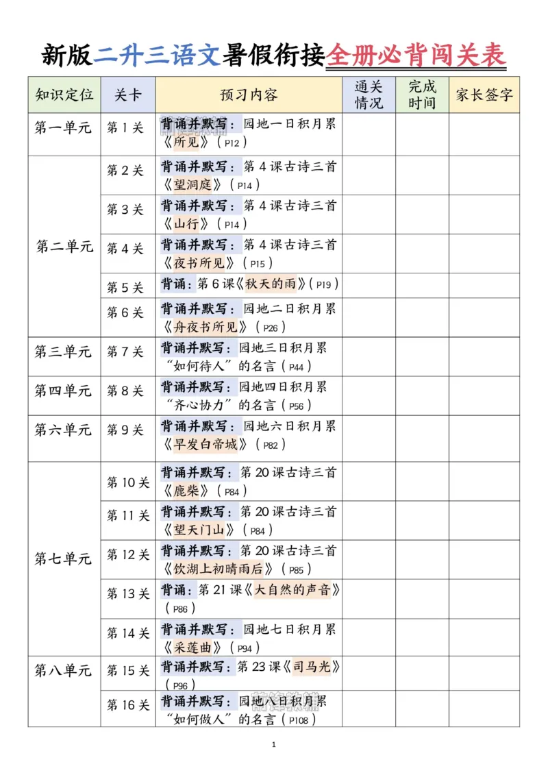 《新版•3上语文《二升三语文暑假衔接全册必背闯关表+全册默写晨读晚默》_26秋小学语文《精选合集》_新版•3年级语文《精选合集》上册_新版•3上语文《暑假作业》》第1页预览
