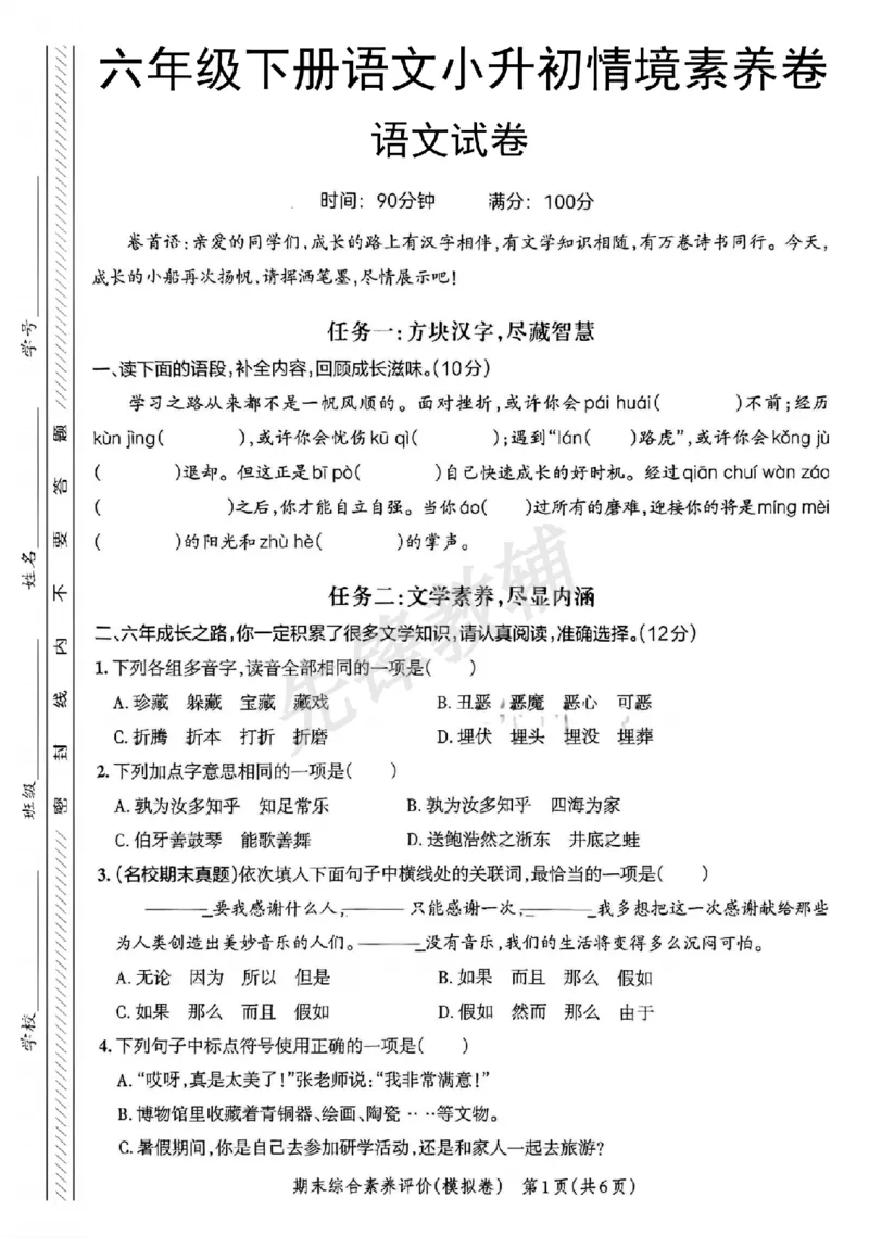 《六年级（下）语文小升初情境素养卷_6年级下册同步教辅_6下-语文_六下语文专项练习》第1页预览