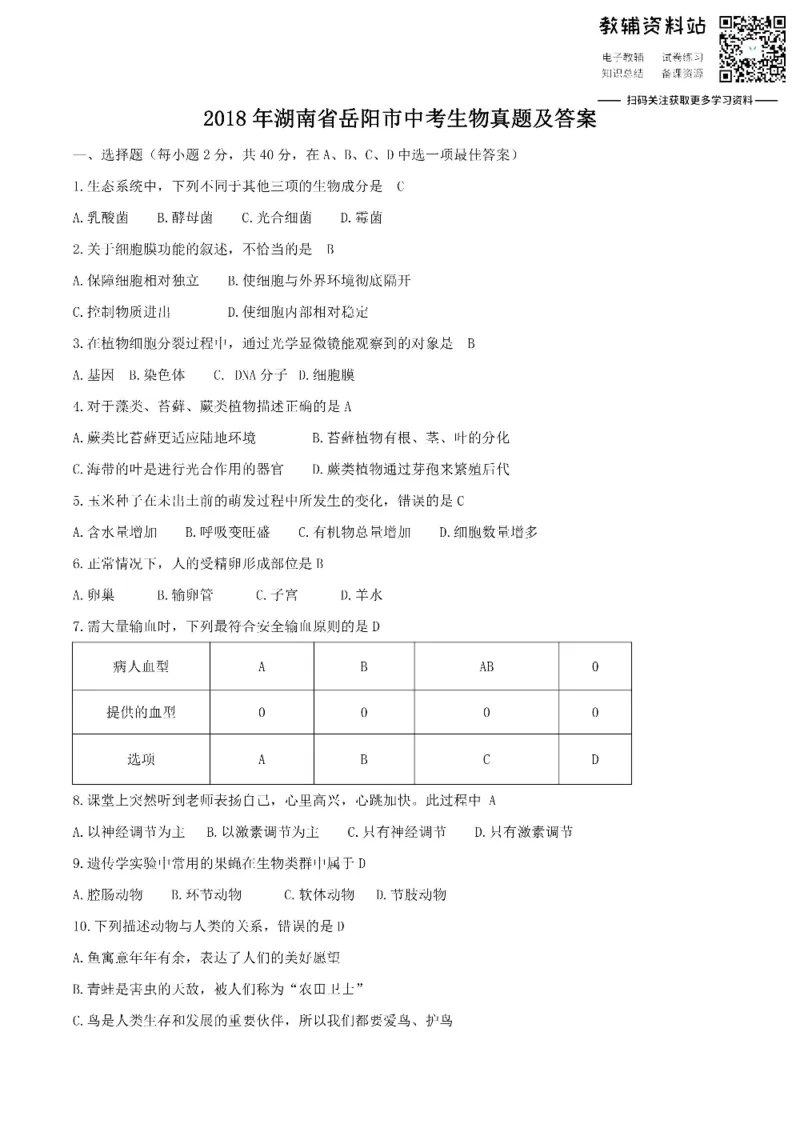 《2018湖南省岳阳市中考生物真题及答案_初高中资料库_初中资料库（转存避免链接过期失效）_初中生物》第1页预览