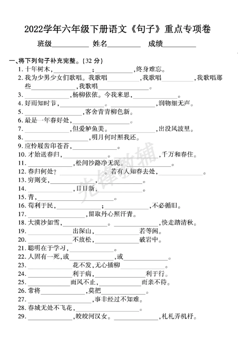 《六年级（下）《字词+句子+阅读》重点专项_6年级下册同步教辅_6下-语文_六下语文专项练习》第5页预览