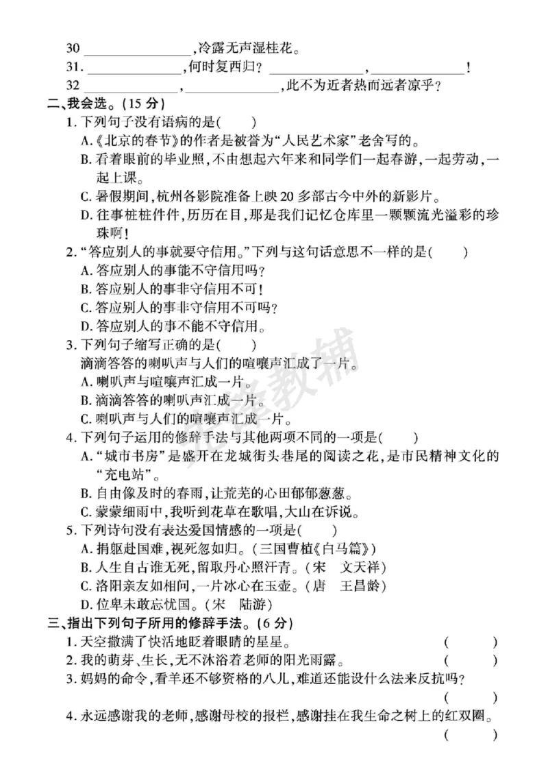 《六年级（下）《字词+句子+阅读》重点专项_6年级下册同步教辅_6下-语文_六下语文专项练习》第6页预览