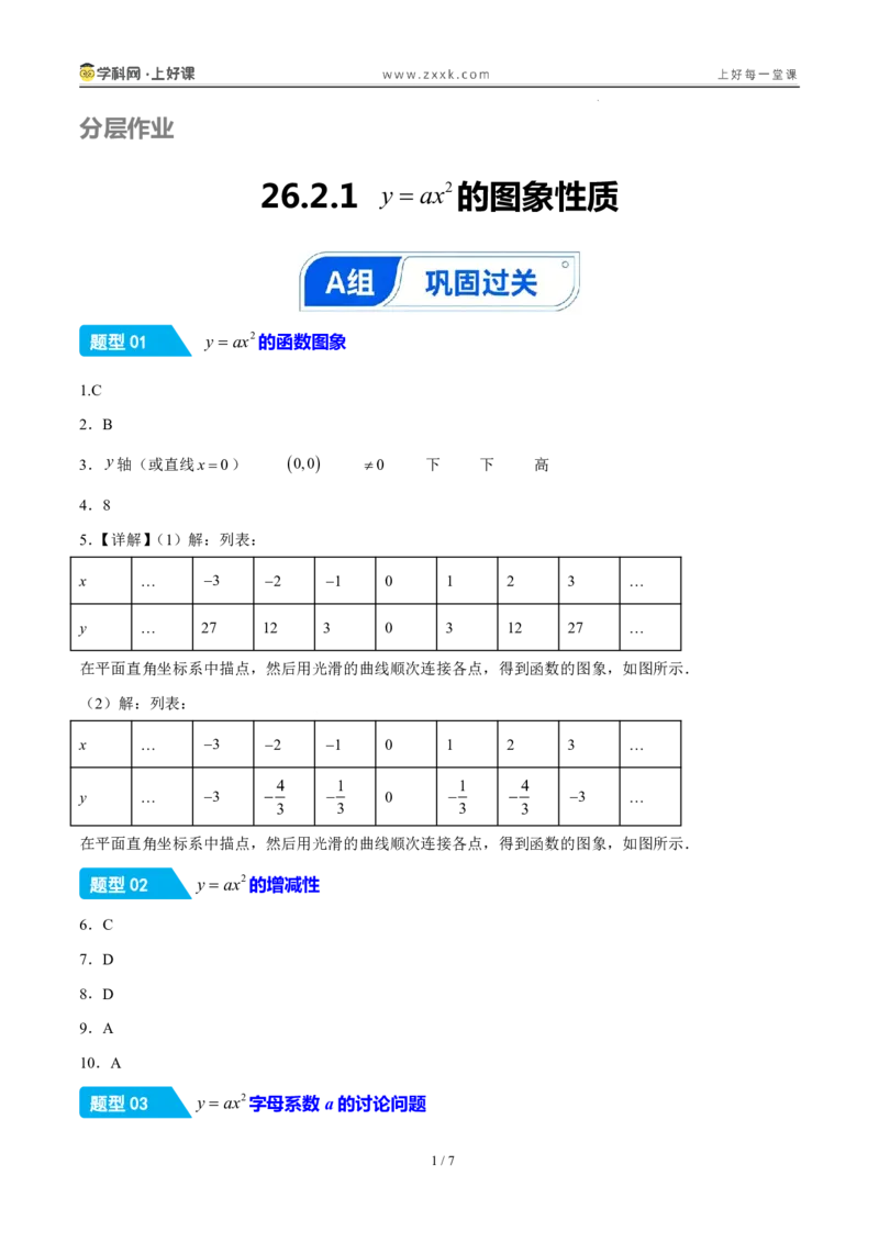 《26.2.1y=ax^2的图象和性质（分层作业）（答案版）_2026秋初中教辅合集_2027学科网&_2026秋《同步备课系列》9上数学_第二十六章二次函数_题型专练》第1页预览