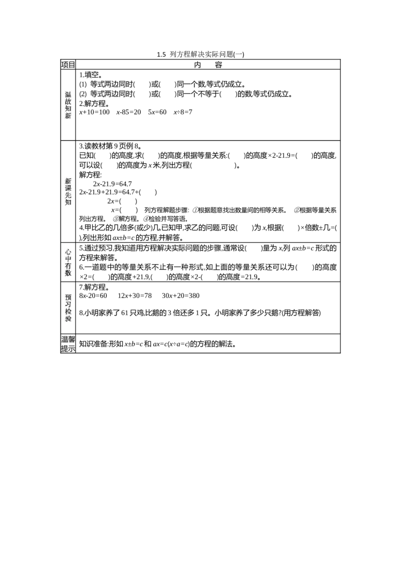 《1.5列方程解决实际问题(一)_26春小学语数英道科各版本《课件+教案》_26春各版本数学《课件+教案》1-6年级下册_26春苏教版数学1-6年级下册教案课件PPT_第一单元简易方程（教案+学案）_学案》第1页预览