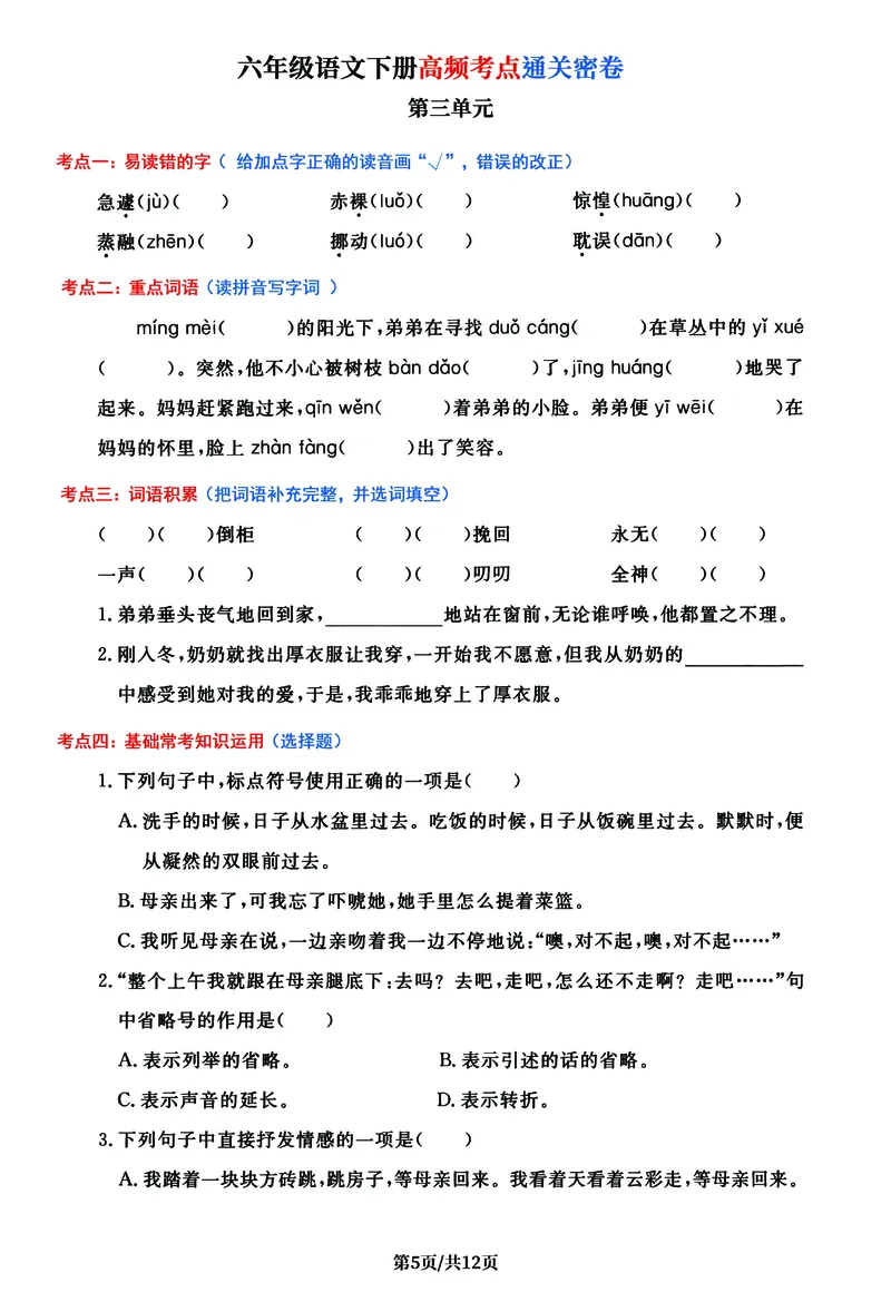 《六年级语文下册1-6单元高频考点通关密卷，考前冲刺复习必备_6年级下册同步教辅_6下-语文_六下语文知识点总结》第5页预览