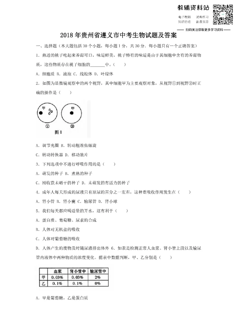 《2018贵州省遵义市中考生物试题及答案_初高中资料库_初中资料库（转存避免链接过期失效）_初中生物》第1页预览