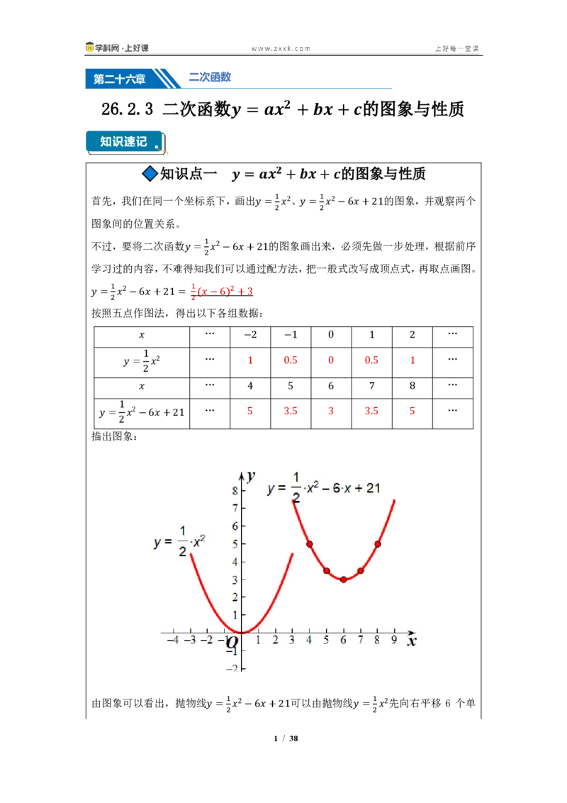 《26.2.3二次函数y=ax^2+bx+c的图像与性质（知识清单）（教师版）_2026秋初中教辅合集_2027学科网&_2026秋《同步备课系列》9上数学_第二十六章二次函数_知识清单》第1页预览