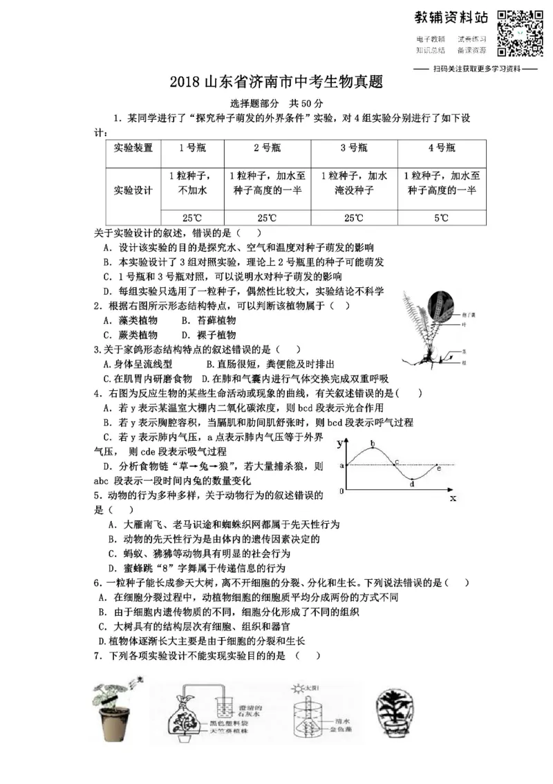 《2018山东省济南市中考生物真题_初高中资料库_初中资料库（转存避免链接过期失效）_初中生物》第1页预览