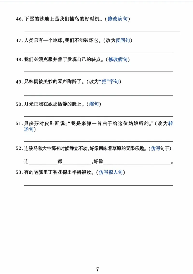 《六年级上册语文期末重点句子专项练习_6年级上册同步教辅_6上语文_六上语文专项练习》第7页预览