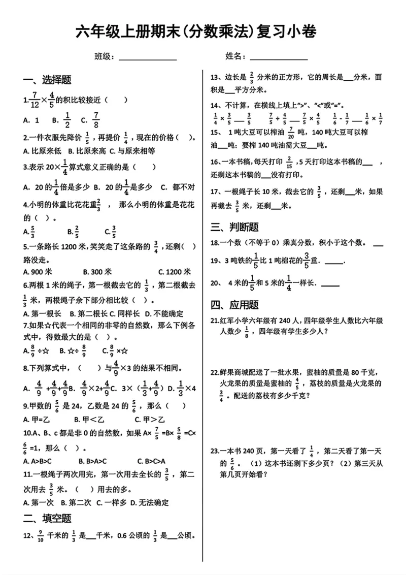 《六年级上册期末七大重难点复习卷_6年级上册同步教辅_6上数学_六上数学通用重点必背资料+专项》第4页预览