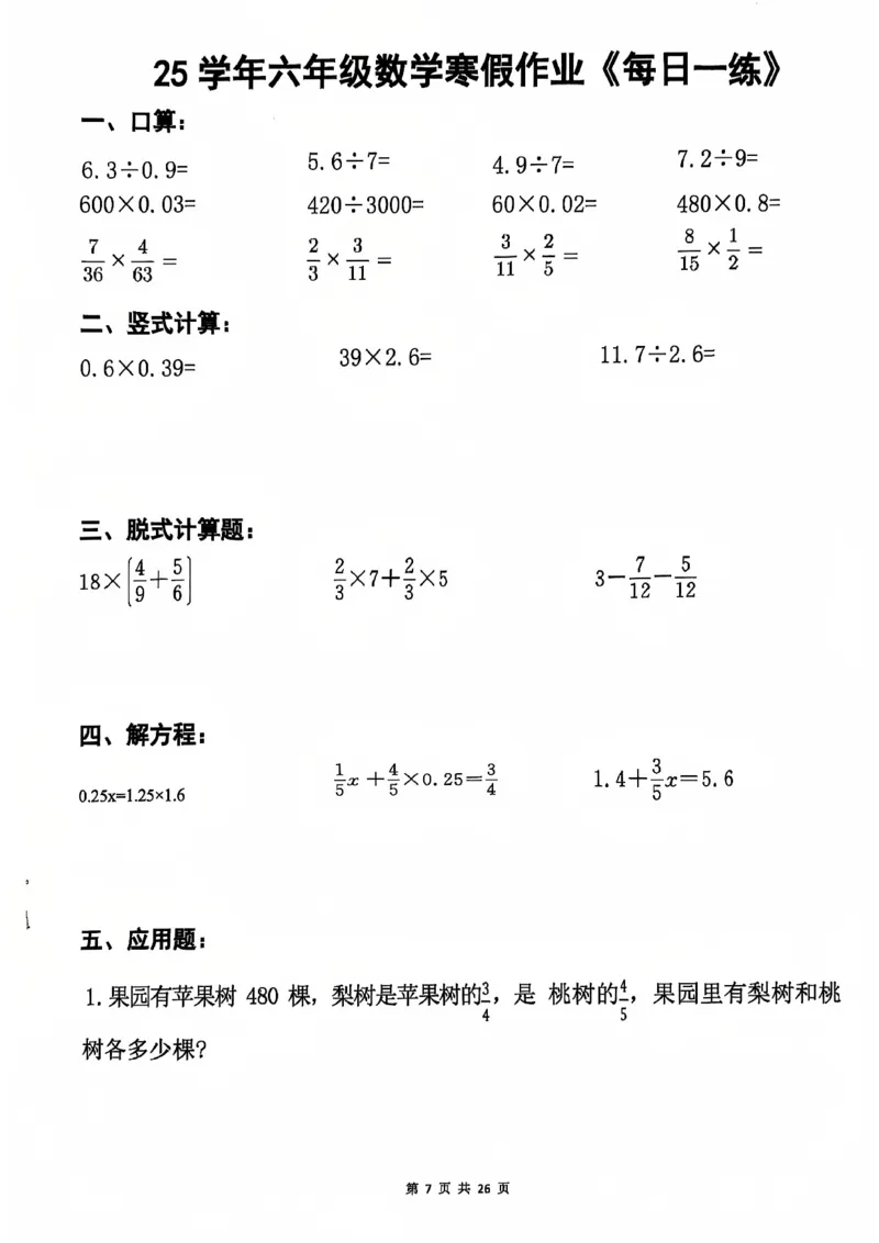 《六年级数学2025春-寒假作业每日一练_6年级下册同步教辅_6下语数英-寒假作业》第7页预览