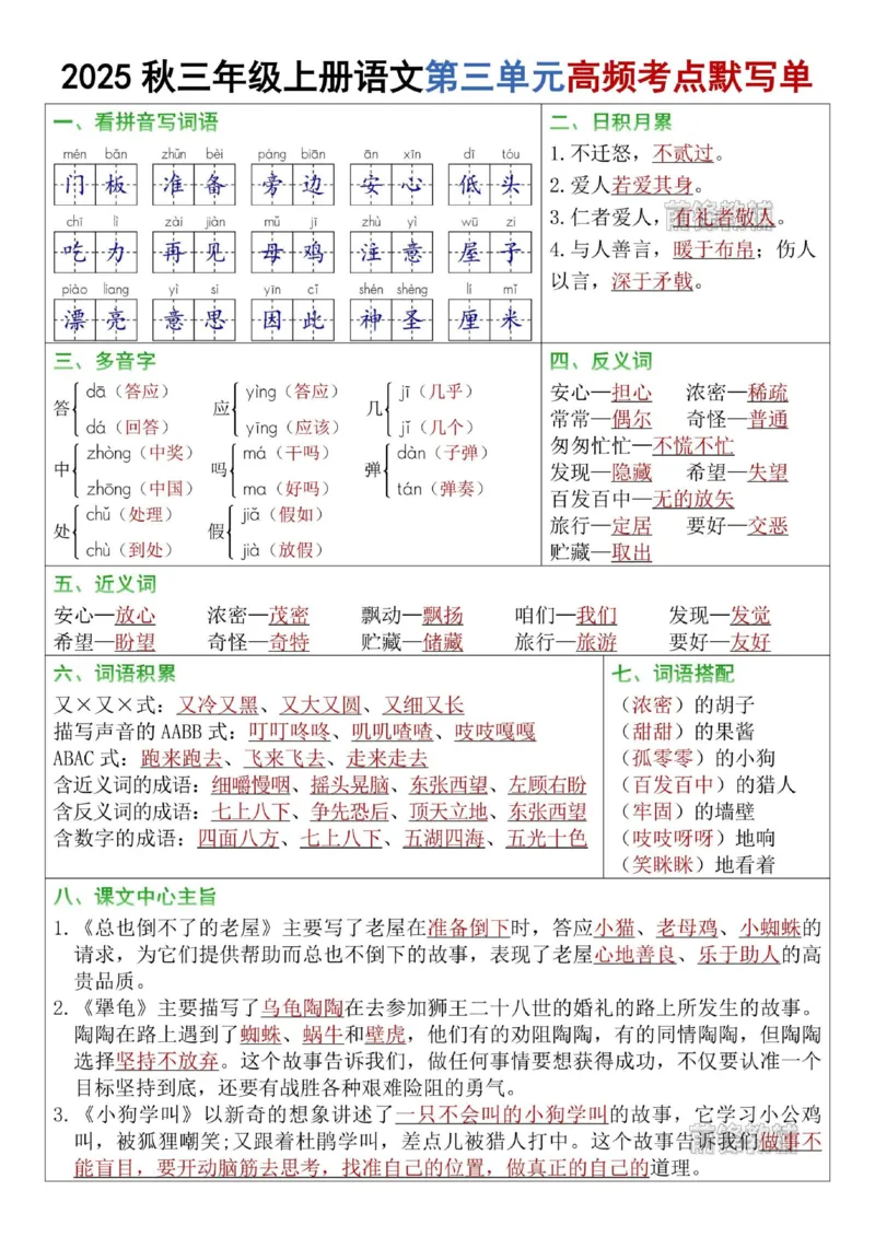 《新版•3上语文《1-8单元高频考点默写单》答案_26秋小学语文《精选合集》_新版•3年级语文《精选合集》上册_新版•3上语文《专项合集》》第3页预览