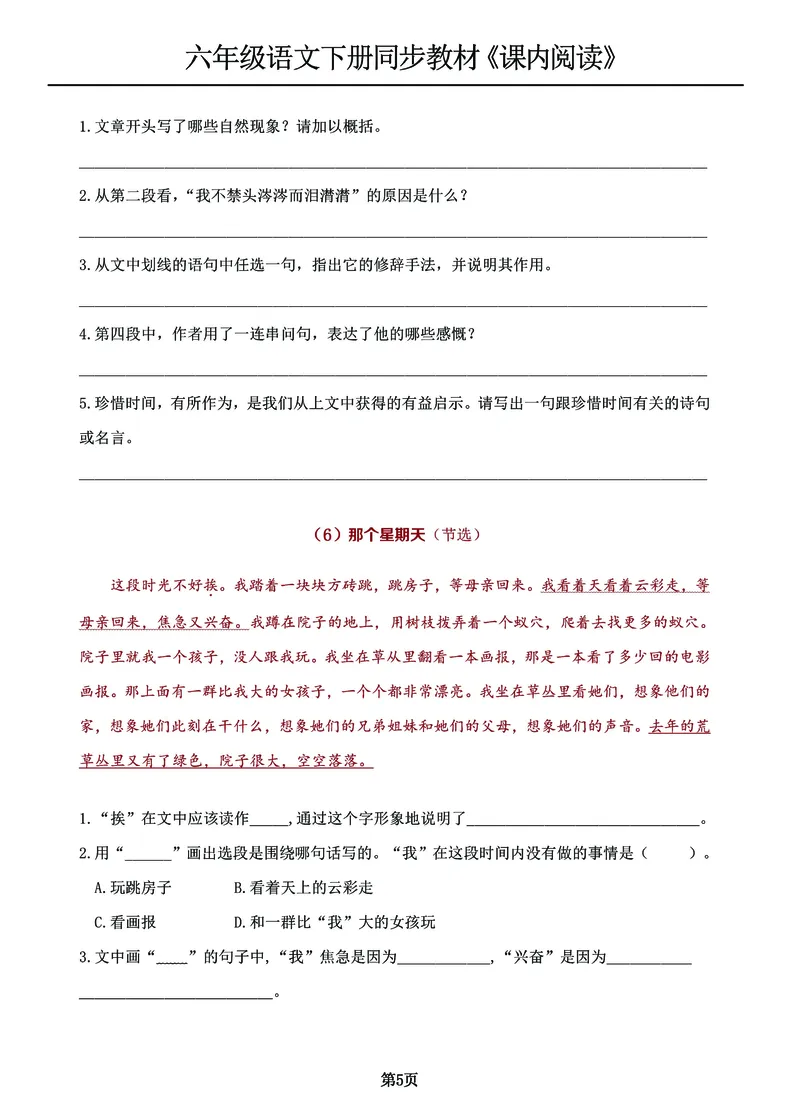 《六年级语文下册同步教材《课内阅读》，专项练习（第1-4单元）_6年级下册同步教辅_6下-语文_六下语文阅读理解》第5页预览