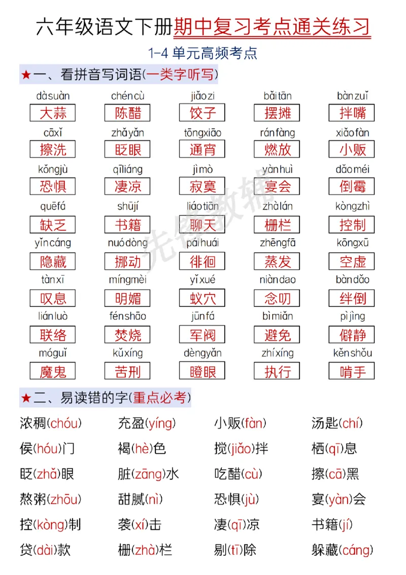 《六年级（下）语文期中复习考点通关练习_6年级下册同步教辅_6下-语文_六下语文知识点总结》第1页预览