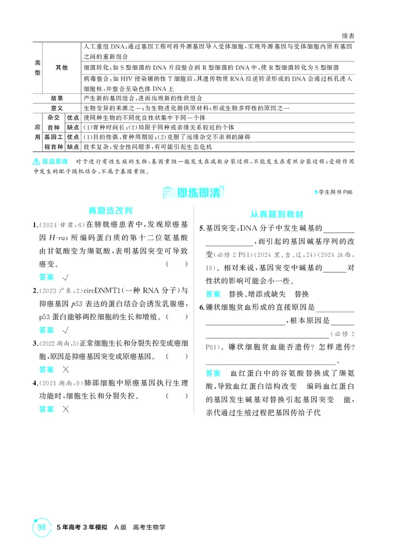《2_精讲册-第11章基因突变及其他变异_2026版教学资源包_202653高考总复习A版_湖南版_2026版.湖南版.选考总复习.生物.5·3A版_第2部分遗传与进化_第11章基因突变及其他变异_4_PDF教参电子书》第2页预览