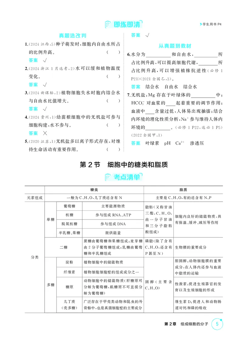 《2_精讲册第2章组成细胞的分子_2026版教学资源包_202653高考总复习A版_新高考_生物_教师A版2026年.新高考版.生物.53_第1部分分子与细胞_第2章组成细胞的分子_4_PDF教参电子书》第2页预览