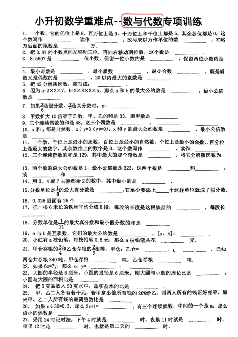 《六年级小升初数学重难点--数与代数专项训练(1)_6年级下册同步教辅_6下-数学_六下数学通用重点必背资料+专项》第1页预览