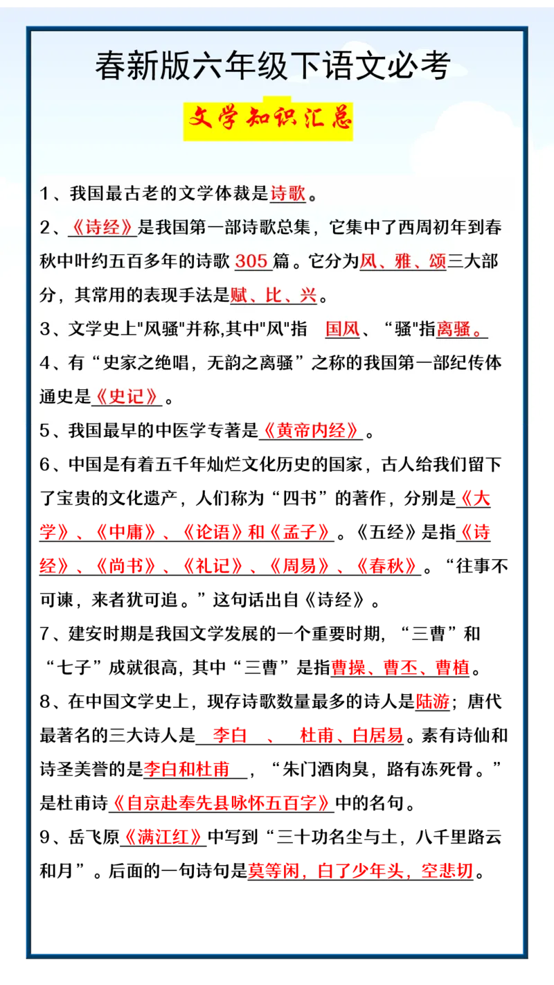 《六年级（下）语文必考文学知识汇总_6年级下册同步教辅_6下-语文_六下语文专项练习》第1页预览