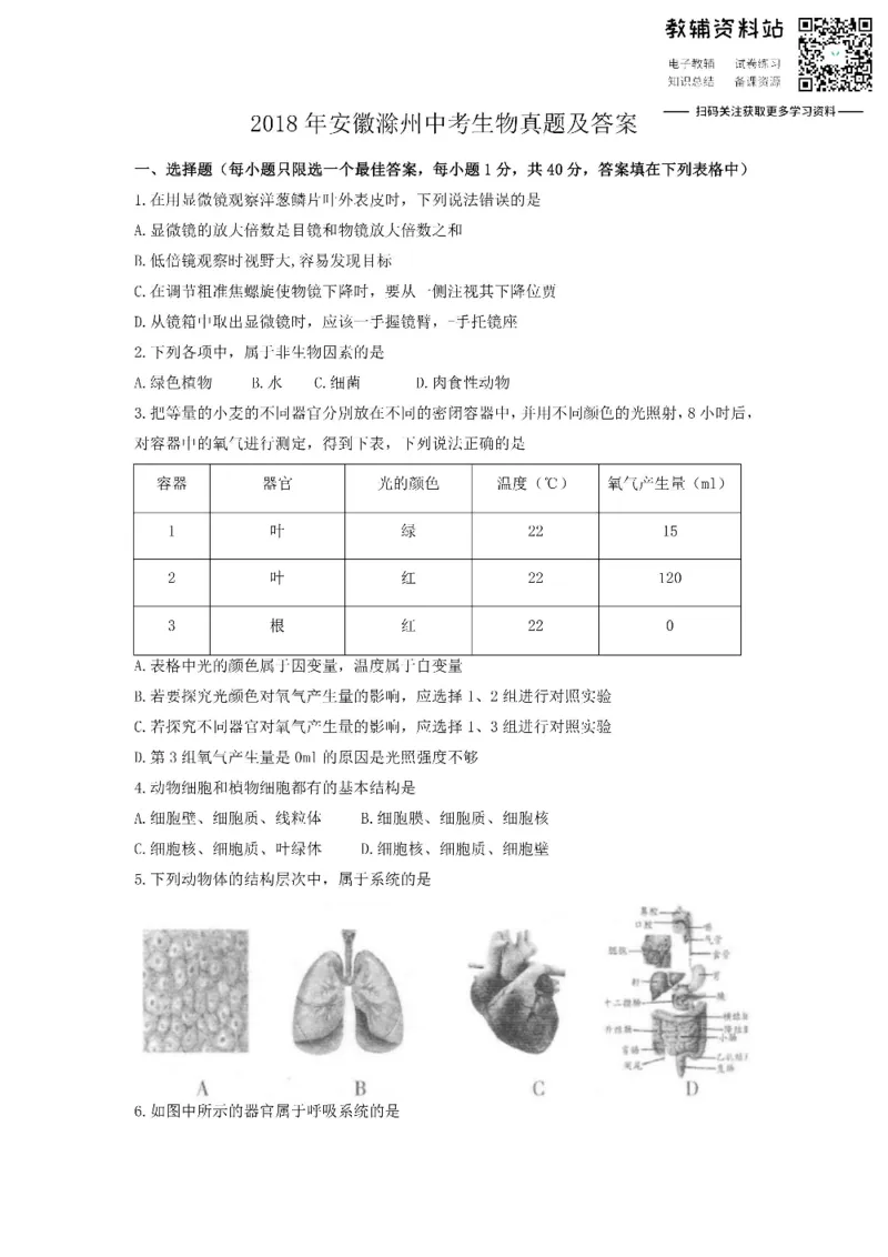 《2018安徽滁州中考生物真题及答案_初高中资料库_初中资料库（转存避免链接过期失效）_初中生物》第1页预览