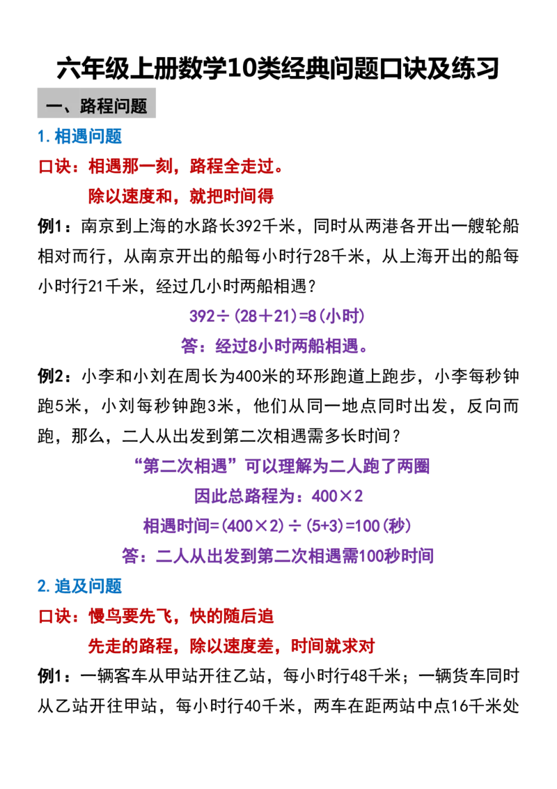 《六年级上册数学10类经典问题口诀及练习(1)_6年级上册同步教辅_6上数学_六上数学通用重点必背资料+专项》第1页预览