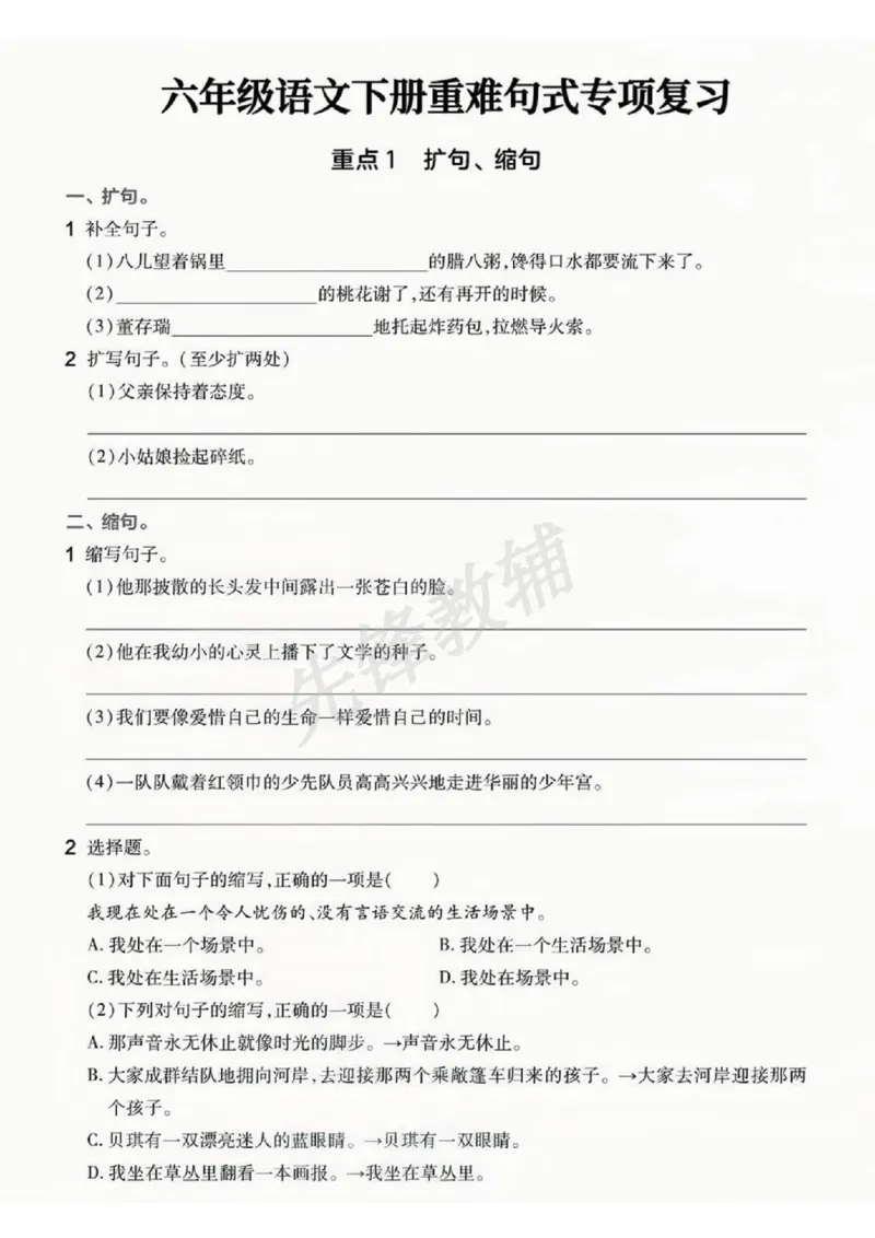 《六年级（下）语文重难点句式专项_6年级下册同步教辅_6下-语文_六下语文专项练习》第1页预览