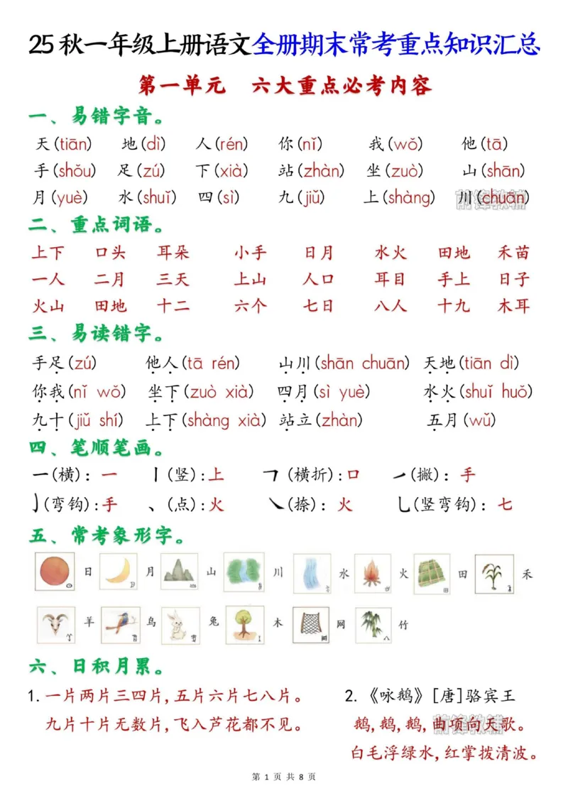 《新版•1上语文《期末常考》重点知识汇总_26秋小学语文《精选合集》_新版•1年级语文《精选合集》上册_新版•1上语文《重点汇总》》第1页预览