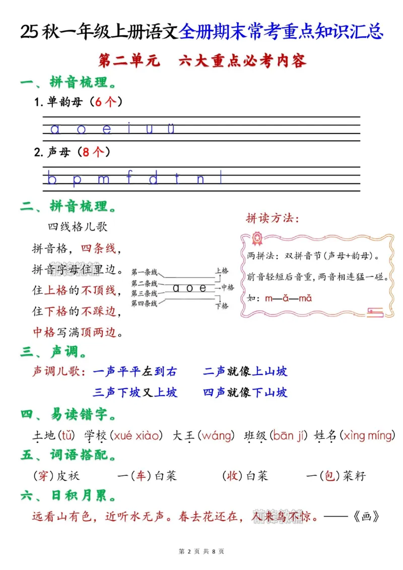 《新版•1上语文《期末常考》重点知识汇总_26秋小学语文《精选合集》_新版•1年级语文《精选合集》上册_新版•1上语文《重点汇总》》第2页预览