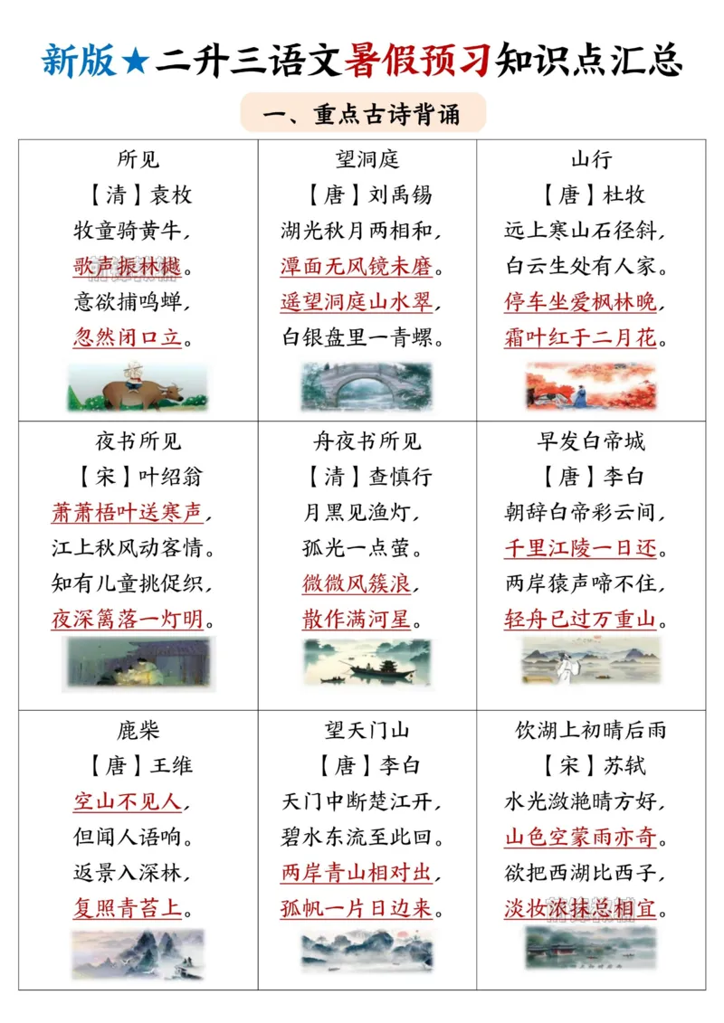 《新版•3上语文《二升三语文暑假预习知识点汇总》_26秋小学语文《精选合集》_新版•3年级语文《精选合集》上册_新版•3上语文《暑假作业》》第1页预览