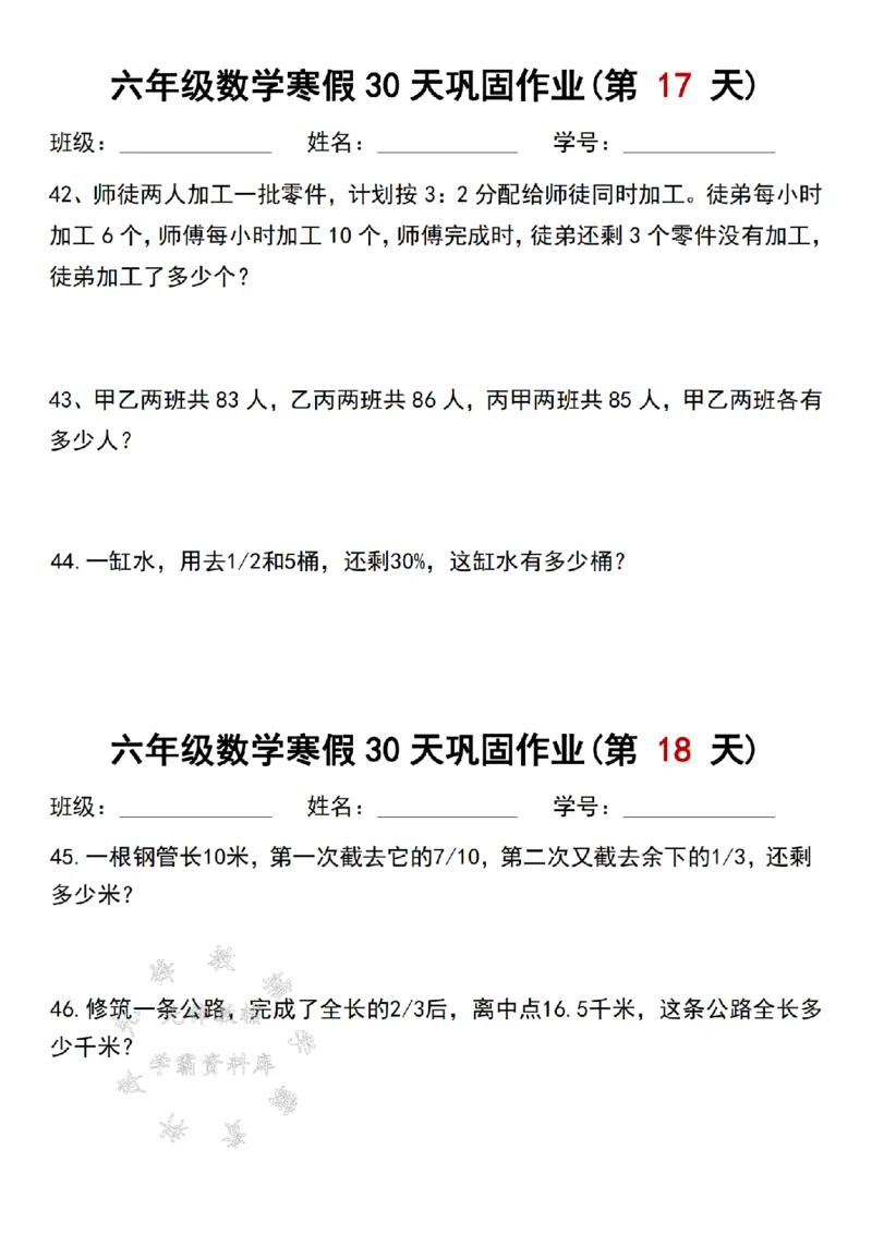 《六年级数学寒假作业每日一练30天SY_6年级下册同步教辅_6下语数英-寒假作业》第9页预览